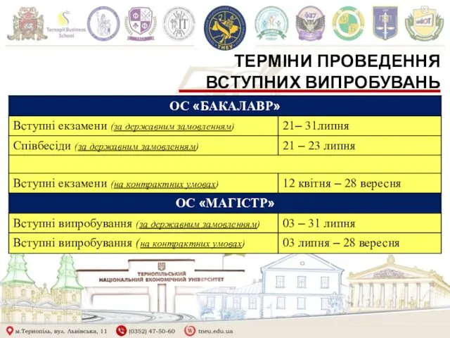 ТЕРМІНИ ПРОВЕДЕННЯ ВСТУПНИХ ВИПРОБУВАНЬ