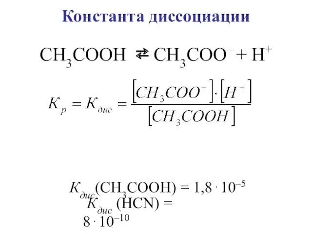 Константа диссоциации Кдис(СН3СООН) = 1,8⋅10–5 Кдис (НСN) = 8⋅10–10 СН3СООН ⇄ СН3СОО– + Н+