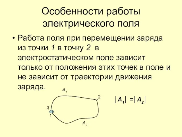 Особенности работы электрического поля Работа поля при перемещении заряда из