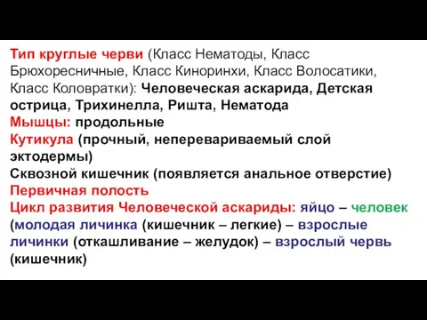 Тип круглые черви (Класс Нематоды, Класс Брюхоресничные, Класс Киноринхи, Класс