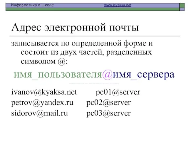 Адрес электронной почты записывается по определенной форме и состоит из