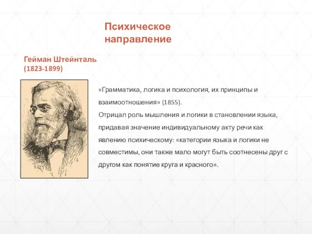 Гейман Штейнталь (1823-1899) «Грамматика, логика и психология, их принципы и взаимоотношения» (1855). Отрицал