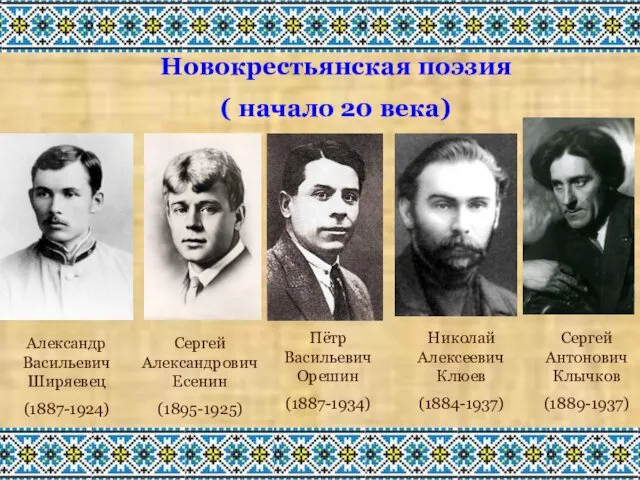 Пётр Васильевич Орешин (1887-1934) Александр Васильевич Ширяевец (1887-1924) Новокрестьянская поэзия ( начало 20