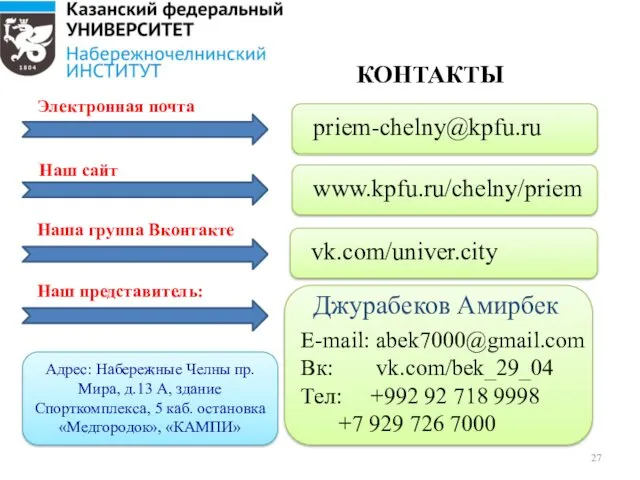 www.kpfu.ru/chelny/priem priem-chelny@kpfu.ru Наш сайт Электронная почта Адрес: Набережные Челны пр.Мира,