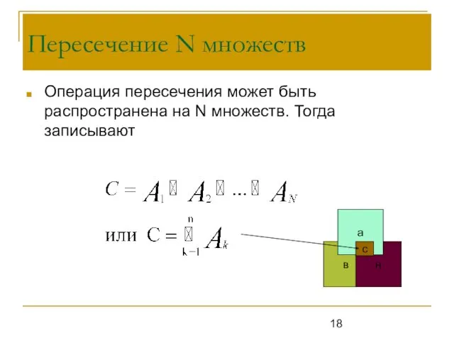 Пересечение N множеств Операция пересечения может быть распространена на N множеств. Тогда записывают