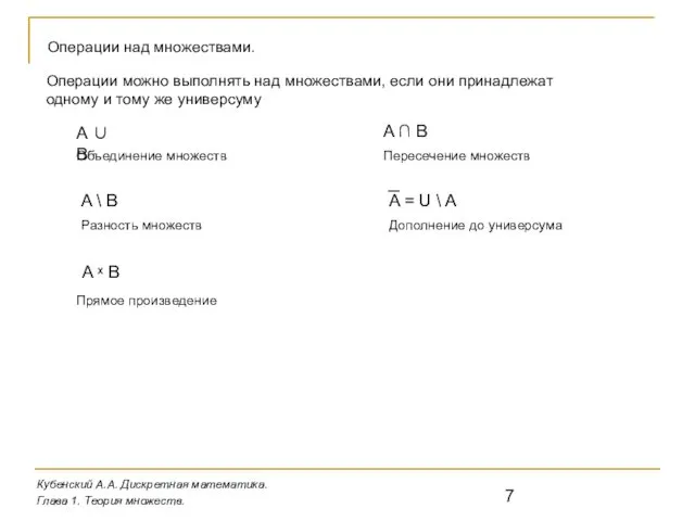 Кубенский А.А. Дискретная математика. Глава 1. Теория множеств. Операции над множествами. A ∪