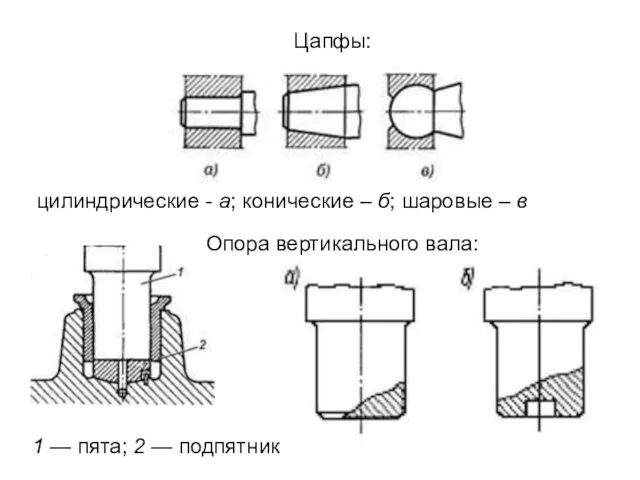 1 — пята; 2 — подпятник Цапфы: цилиндрические - а;