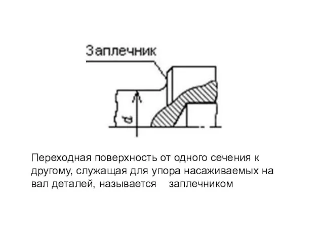 Переходная поверхность от одного сечения к другому, служащая для упора насаживаемых на вал деталей, называется заплечником