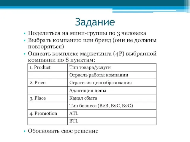 Задание Поделиться на мини-группы по 3 человека Выбрать компанию или бренд (они не