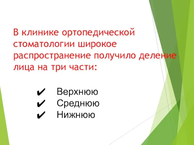 В клинике ортопедической стоматологии широкое распространение получило деление лица на три части: Верхнюю Среднюю Нижнюю