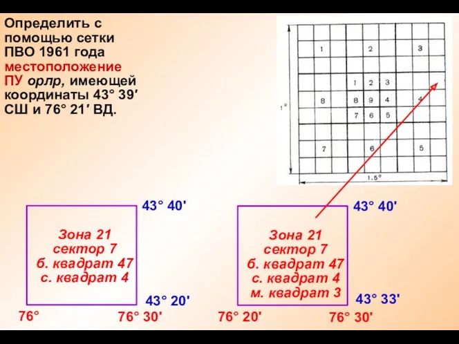 Определить с помощью сетки ПВО 1961 года местоположение ПУ орлр,