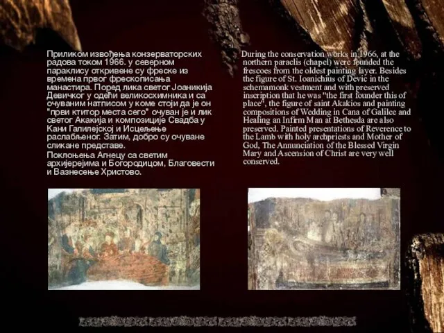 Приликом извођења конзерваторских радова током 1966. у северном параклису откривене су фреске из