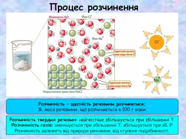 Процес розчинення Розчинність – здатність речовини розчинятися; S, маса речовини,