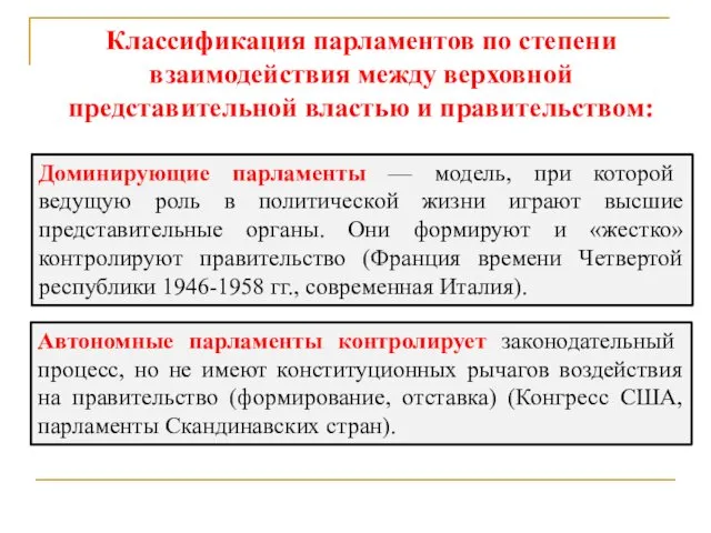 Классификация парламентов по степени взаимодействия между верховной представительной властью и