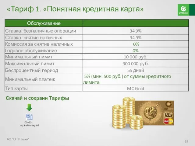 «Тариф 1. «Понятная кредитная карта» АО "ОТП Банк" Скачай и сохрани Тарифы