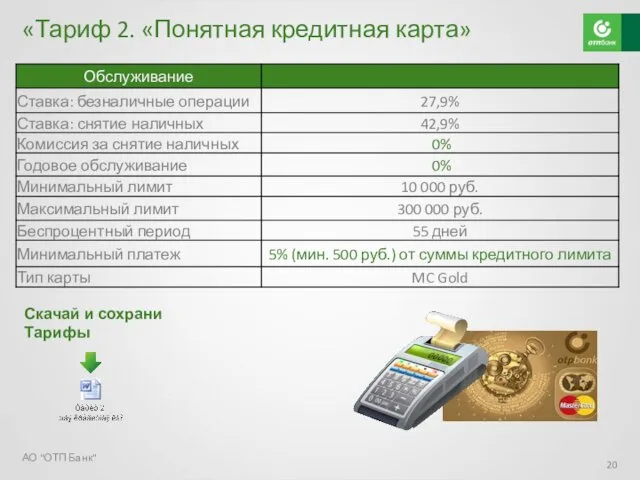 АО "ОТП Банк" Скачай и сохрани Тарифы «Тариф 2. «Понятная кредитная карта»