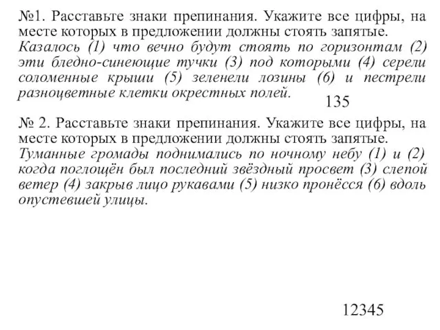 №1. Расставьте знаки препинания. Укажите все цифры, на месте которых