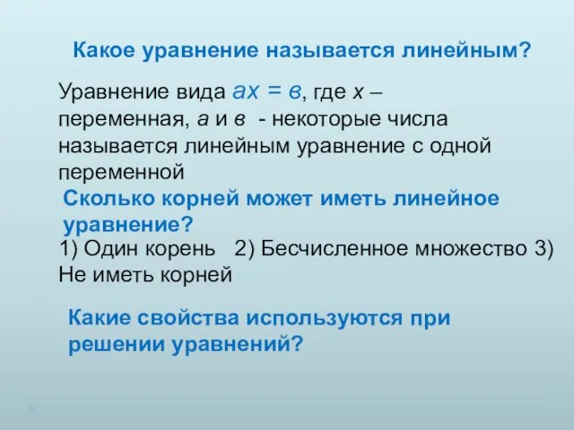 Какое уравнение называется линейным? Уравнение вида ах = в, где