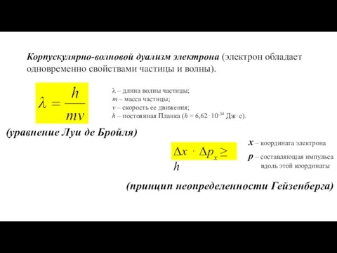 Корпускулярно-волновой дуализм электрона (электрон обладает одновременно свойствами частицы и волны).