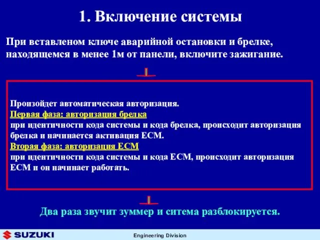 1. Включение системы Произойдет автоматическая авторизация. Первая фаза: авторизация брелка