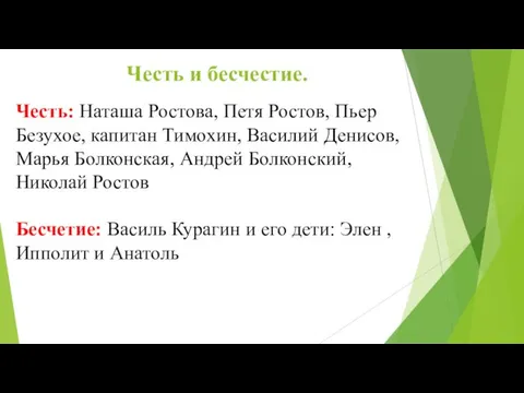 Честь и бесчестие. Честь: Наташа Ростова, Петя Ростов, Пьер Безухое,