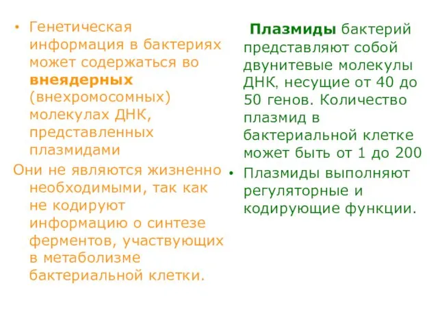 Генетическая информация в бактериях может содержаться во внеядерных (внехромосомных) молекулах