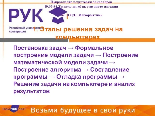 1. Этапы решения задач на компьютерах Постановка задач → Формальное