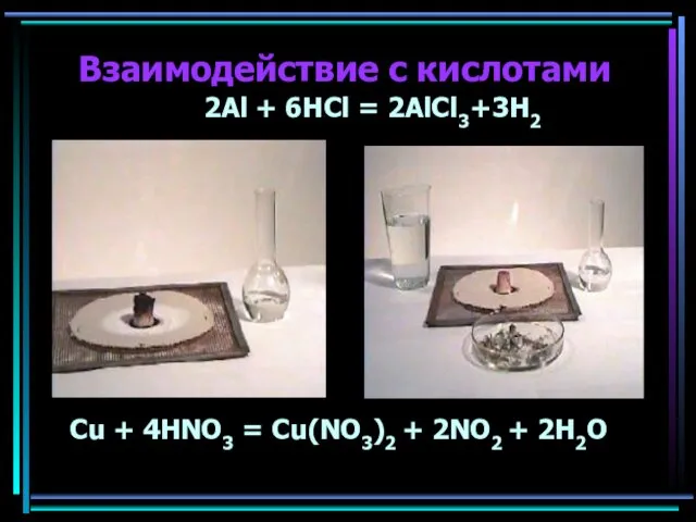 Взаимодействие с кислотами 2Al + 6HCl = 2AlCl3+3H2 Cu +