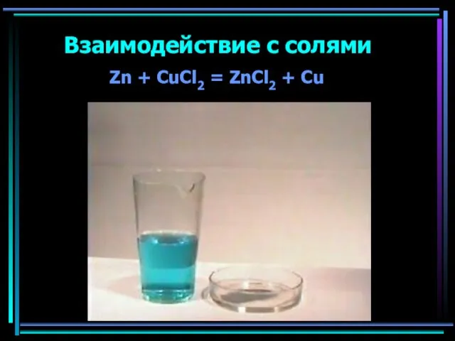 Взаимодействие с солями Zn + CuCl2 = ZnCl2 + Cu