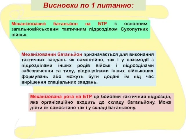 Висновки по 1 питанню: Механізований батальйон на БТР є основним