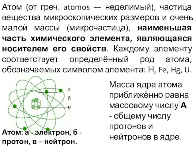 Атом (от греч. atomos — неделимый), частица вещества микроскопических размеров