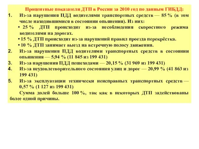 Процентные показатели ДТП в России за 2010 год по данным ГИБДД: Из-за нарушения