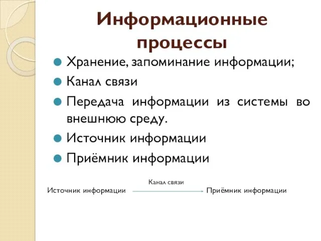 Информационные процессы Хранение, запоминание информации; Канал связи Передача информации из