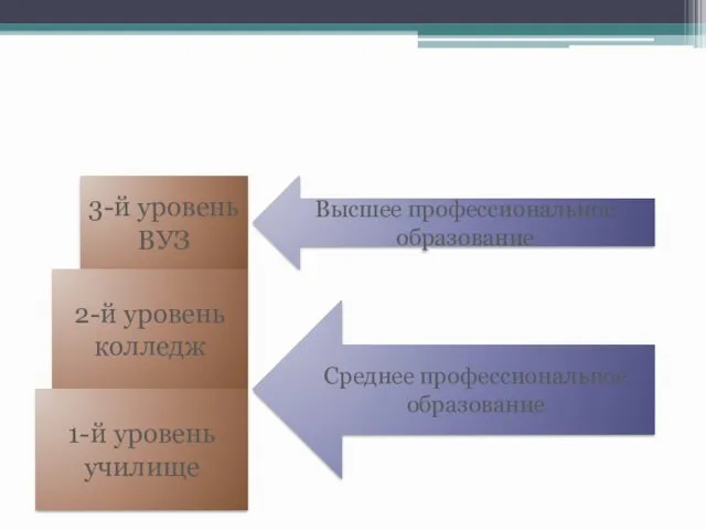 Высшее профессиональное образование Среднее профессиональное образование 3-й уровень ВУЗ 2-й уровень колледж 1-й уровень училище