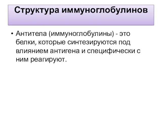 Структура иммуноглобулинов Антитела (иммуноглобулины) - это белки, которые синтезируются под