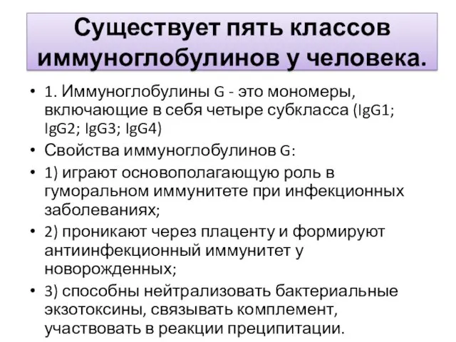 Существует пять классов иммуноглобулинов у человека. 1. Иммуноглобулины G -