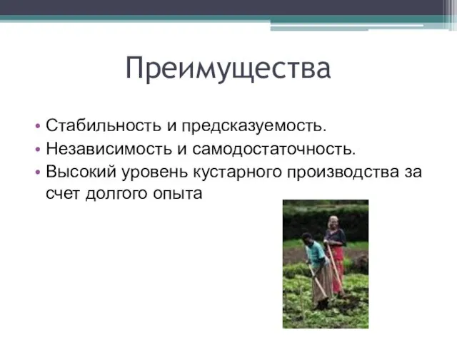 Преимущества Стабильность и предсказуемость. Независимость и самодостаточность. Высокий уровень кустарного производства за счет долгого опыта