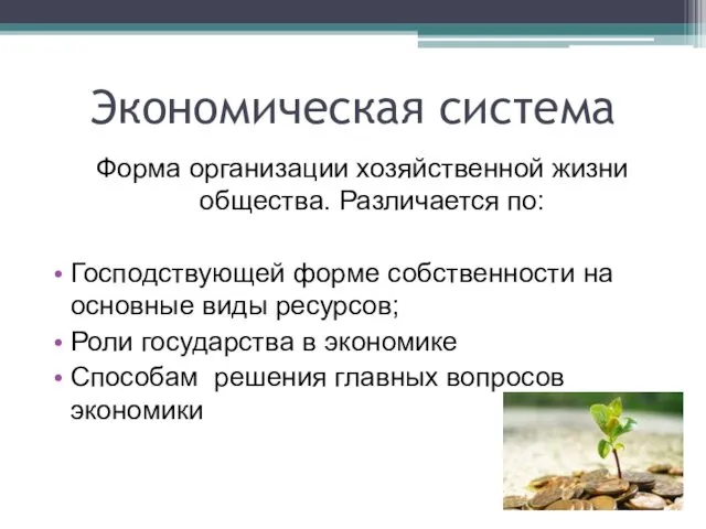 Экономическая система Форма организации хозяйственной жизни общества. Различается по: Господствующей