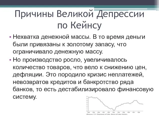 Причины Великой Депрессии по Кейнсу Нехватка денежной массы. В то