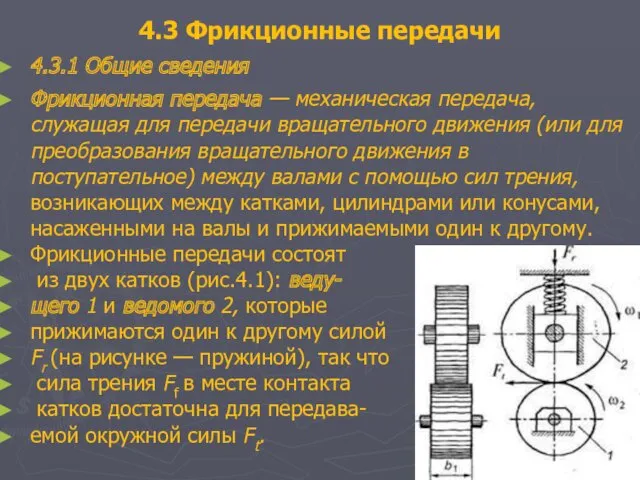 4.3 Фрикционные передачи 4.3.1 Общие сведения Фрикционная передача — механическая