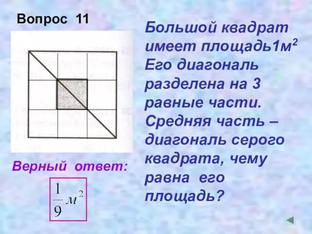 Большой квадрат имеет площадь1м2 Его диагональ разделена на 3 равные части. Средняя часть