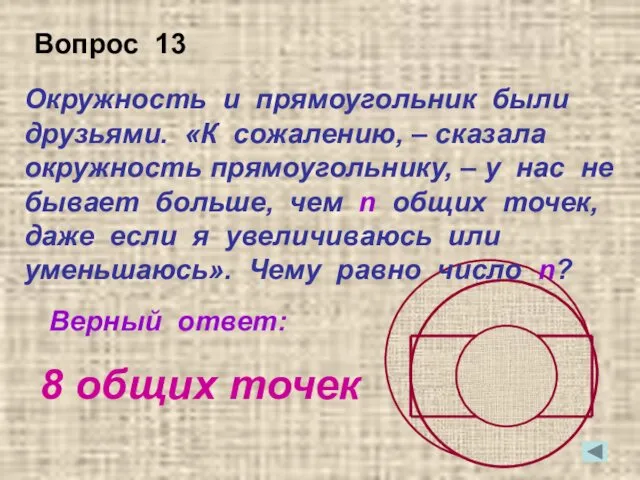 Окружность и прямоугольник были друзьями. «К сожалению, – сказала окружность прямоугольнику, – у