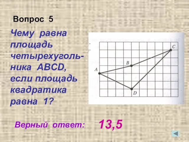 Чему равна площадь четырехуголь-ника ABCD, если площадь квадратика равна 1? Верный ответ: Вопрос 5 13,5
