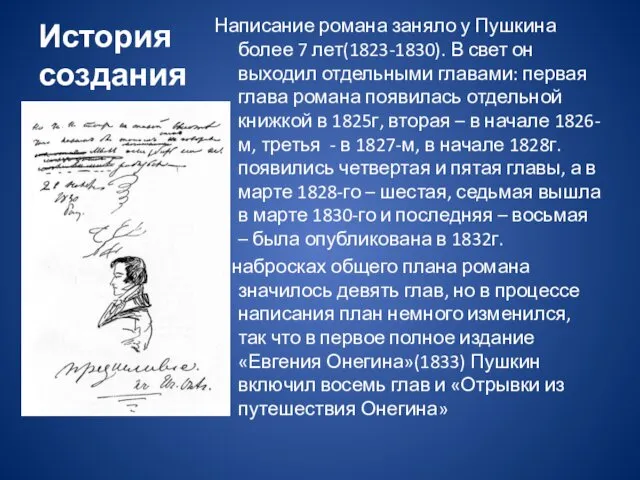 История создания Написание романа заняло у Пушкина более 7 лет(1823-1830). В свет он