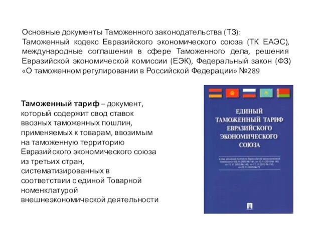 Основные документы Таможенного законодательства (ТЗ): Таможенный кодекс Евразийского экономического союза (ТК ЕАЭС), международные