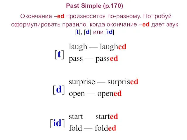 Past Simple (p.170) Окончание –ed произносится по-разному. Попробуй сформулировать правило,