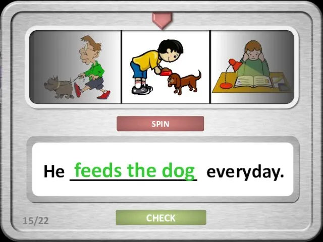 CHECK He _____________ everyday. feeds the dog 15/22 SPIN