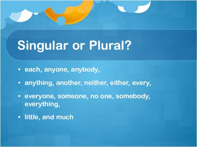 Singular or Plural? each, anyone, anybody, anything, another, neither, either,