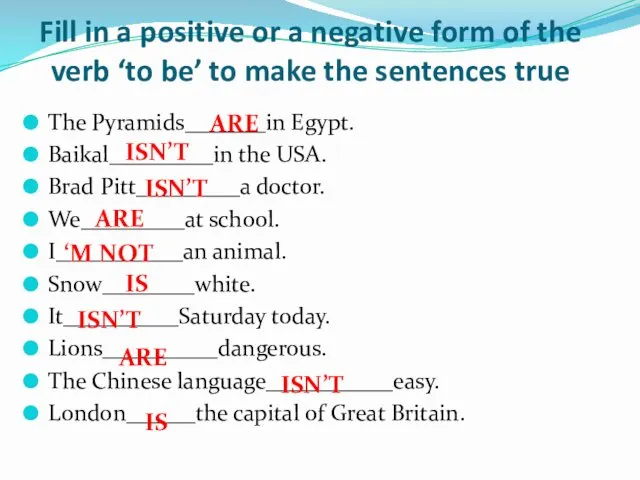 Fill in a positive or a negative form of the verb ‘to be’