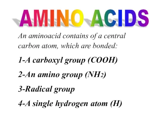 AMINO ACIDS An aminoacid contains of a central carbon atom,